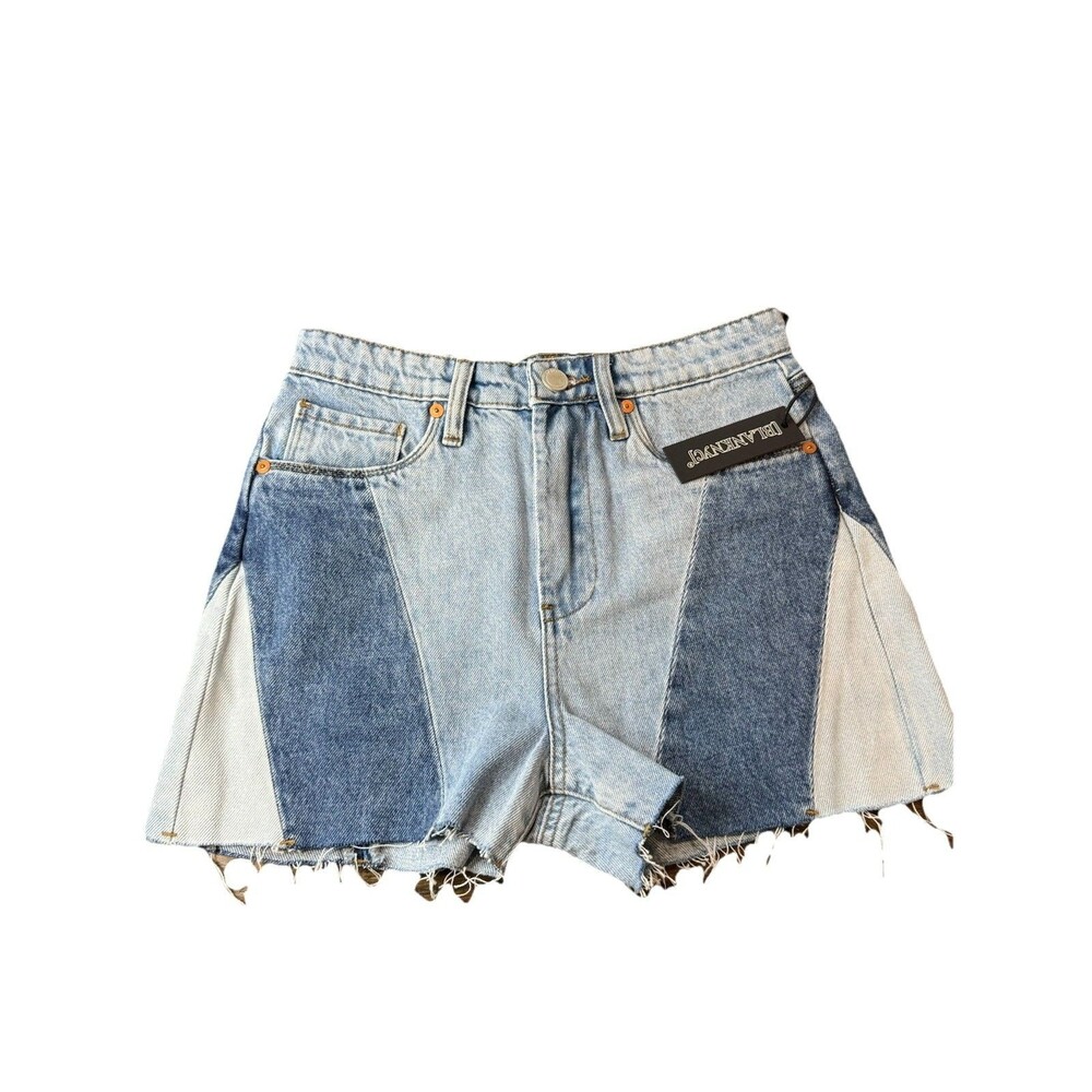 Blank NYC Shorts Size 25 Reeve High-Rise Ribcage Patchwork Denim Blue Raw Hem